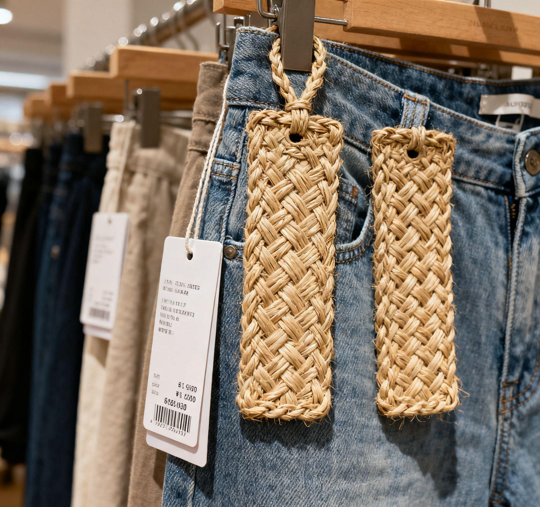 Garments displayed with woven tags for retail